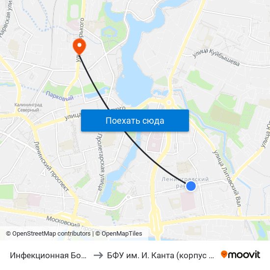 Инфекционная Больница (Из Центра) to БФУ им. И. Канта (корпус на Горького, бывш. БИЭФ) map