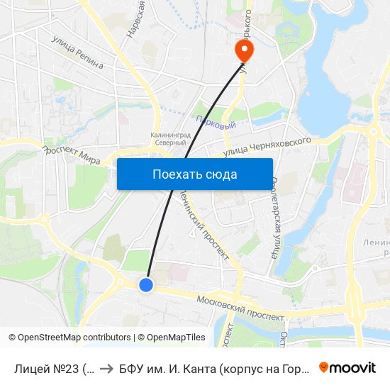 Лицей №23 (В Центр) to БФУ им. И. Канта (корпус на Горького, бывш. БИЭФ) map
