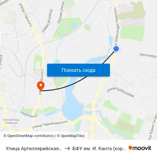 Улица Артиллерийская (На Ул. А. Невского, Из Центра) to БФУ им. И. Канта (корпус на Горького, бывш. БИЭФ) map