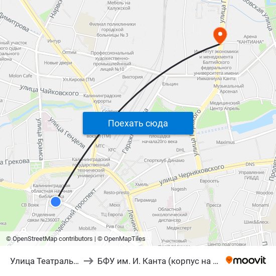 Улица Театральная (В Центр) to БФУ им. И. Канта (корпус на Горького, бывш. БИЭФ) map