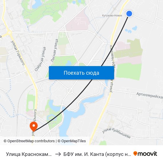 Улица Краснокаменная (Из Центра) to БФУ им. И. Канта (корпус на Горького, бывш. БИЭФ) map