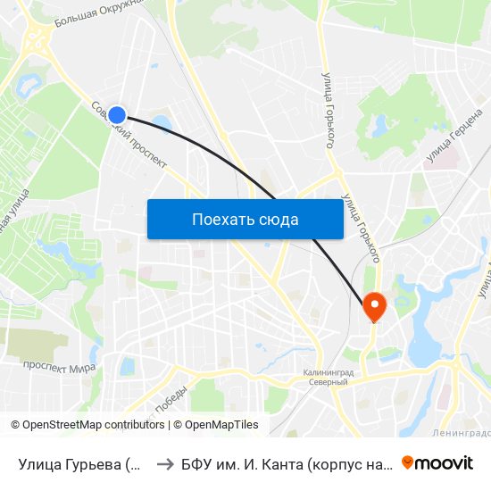 Улица Гурьева (По Требованию) to БФУ им. И. Канта (корпус на Горького, бывш. БИЭФ) map