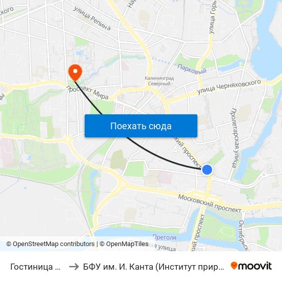 Гостиница Калининград (В Центр) to БФУ им. И. Канта (Институт природопользования, терр. развития и градостроительства) map