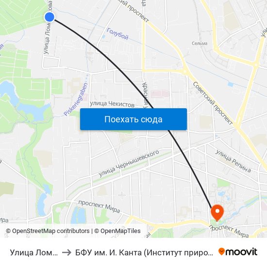 Улица Ломоносова (Конечная) to БФУ им. И. Канта (Институт природопользования, терр. развития и градостроительства) map