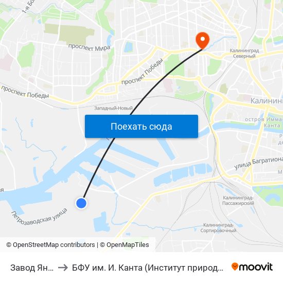 Завод Янтарь (Конечная) to БФУ им. И. Канта (Институт природопользования, терр. развития и градостроительства) map
