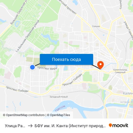 Улица Радистов (В Центр) to БФУ им. И. Канта (Институт природопользования, терр. развития и градостроительства) map