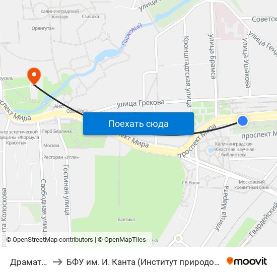 Драматический Театр to БФУ им. И. Канта (Институт природопользования, терр. развития и градостроительства) map