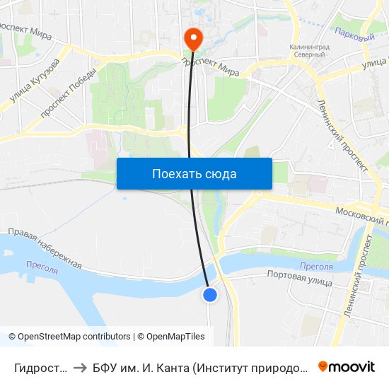 Гидрострой (В Центр) to БФУ им. И. Канта (Институт природопользования, терр. развития и градостроительства) map