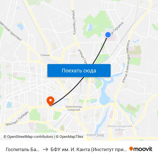 Госпиталь Балтийского Флота (В Центр) to БФУ им. И. Канта (Институт природопользования, терр. развития и градостроительства) map