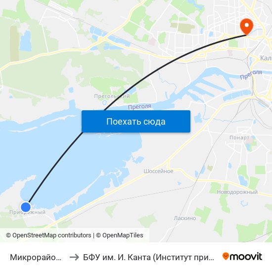 Микрорайон Прибрежный (В Центр) to БФУ им. И. Канта (Институт природопользования, терр. развития и градостроительства) map