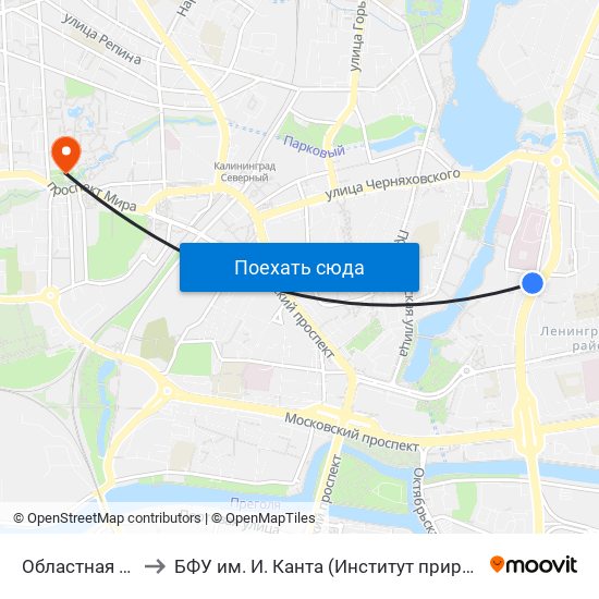 Областная Больница (Из Центра) to БФУ им. И. Канта (Институт природопользования, терр. развития и градостроительства) map