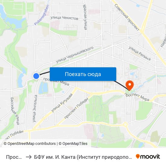 Проспект Мира to БФУ им. И. Канта (Институт природопользования, терр. развития и градостроительства) map