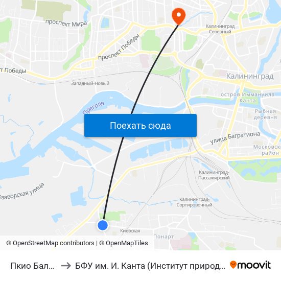 Пкио Балтийский (В Центр) to БФУ им. И. Канта (Институт природопользования, терр. развития и градостроительства) map