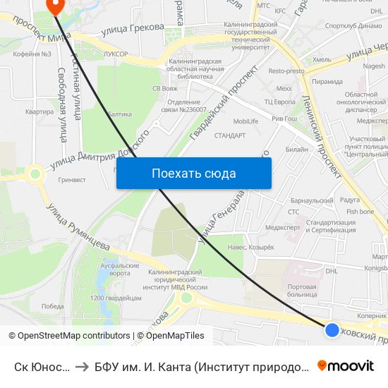 Ск Юность (Из Центра) to БФУ им. И. Канта (Институт природопользования, терр. развития и градостроительства) map