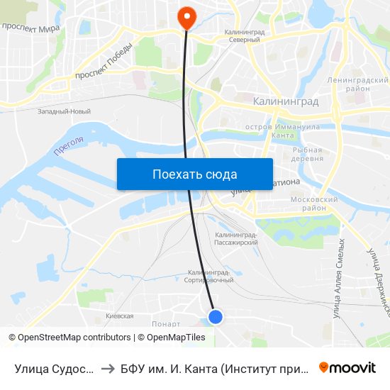 Улица Судостроительная (Из Центра) to БФУ им. И. Канта (Институт природопользования, терр. развития и градостроительства) map