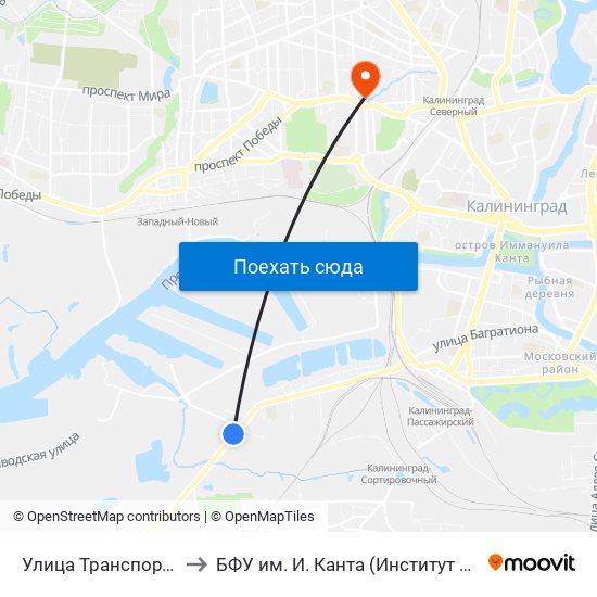 Улица Транспортная (На Ул. А. Суворова, Из Центра) to БФУ им. И. Канта (Институт природопользования, терр. развития и градостроительства) map