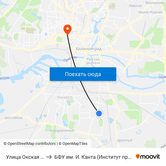 Улица Окская (По Требованию, Из Центра) to БФУ им. И. Канта (Институт природопользования, терр. развития и градостроительства) map