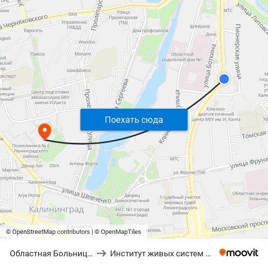 Областная Больница (В Центр) to Институт живых систем БФУ им. Канта map