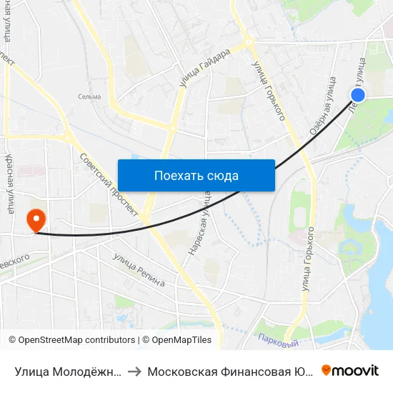 Улица Молодёжная (Из Центра) to Московская Финансовая Юридическая Академия map