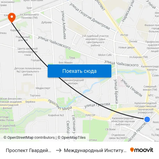 Проспект Гвардейский (Из Центра) to Международный Институт Экономики и Права map