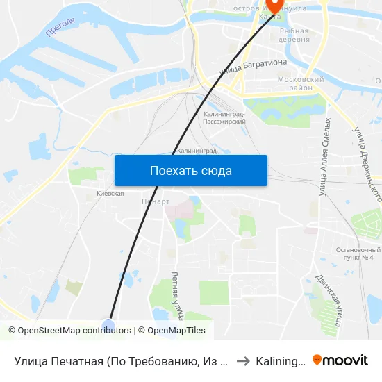 Улица Печатная (По Требованию, Из Центра) to Kaliningrad map