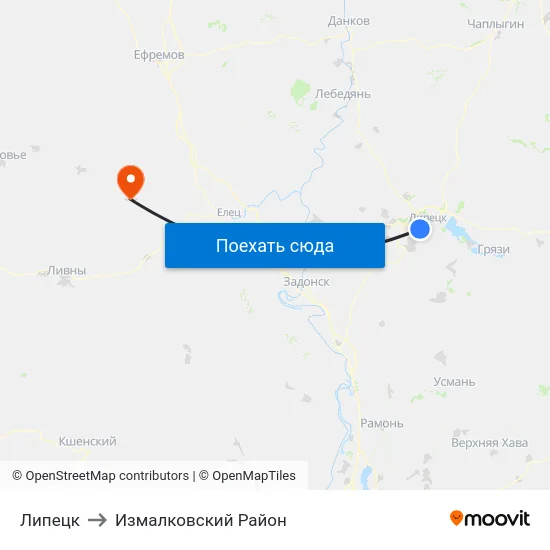 Липецк to Измалковский Район map