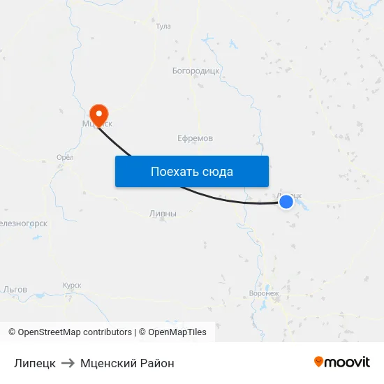 Липецк to Мценский Район map