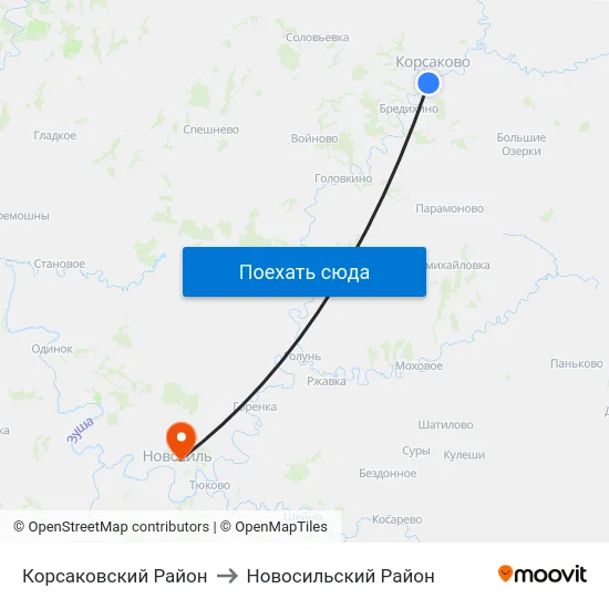Корсаковский Район to Новосильский Район map