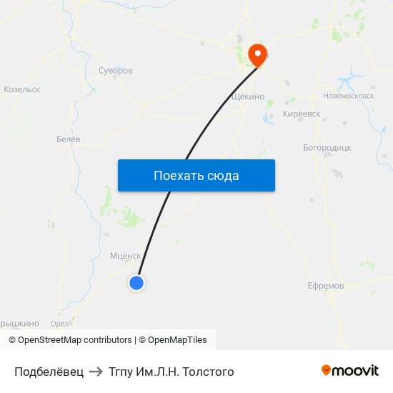 Подбелёвец to Тгпу Им.Л.Н. Толстого map