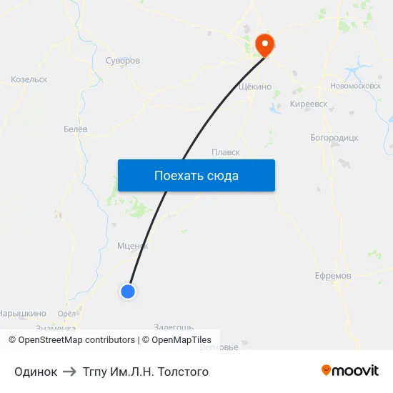 Одинок to Тгпу Им.Л.Н. Толстого map