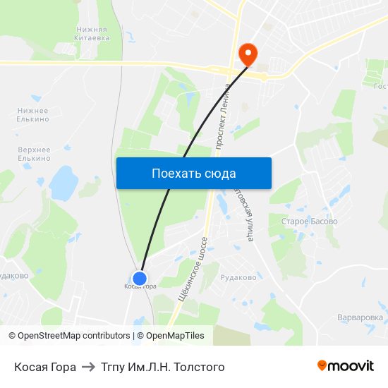 Косая Гора to Тгпу Им.Л.Н. Толстого map