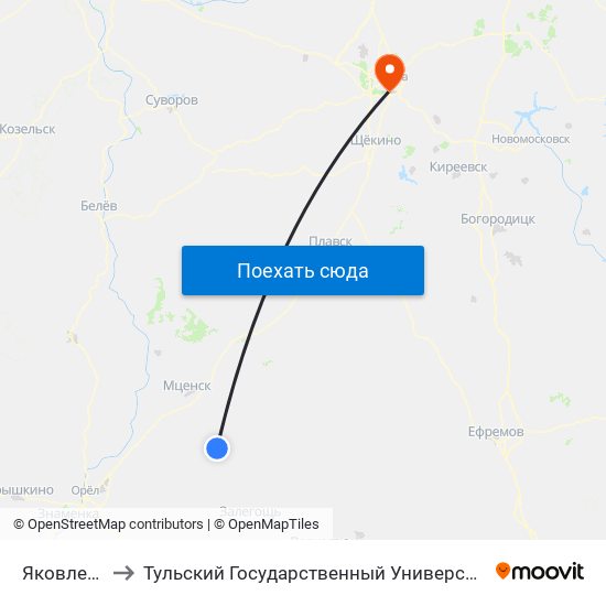 Яковлево to Тульский Государственный Университет map