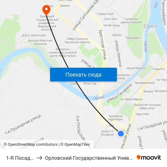 1-Я Посадская Улица to Орловский Государственный Университет. Медицинский Институт map