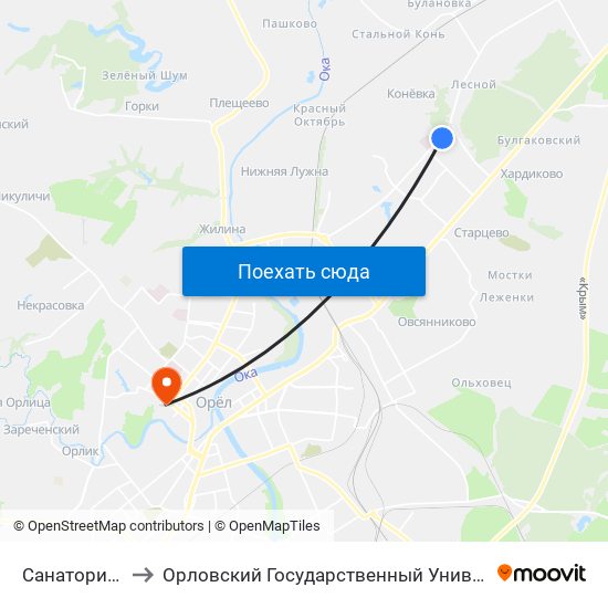Санаторий «Лесной» to Орловский Государственный Университет. Медицинский Институт map
