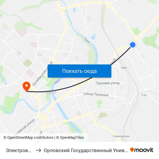 Электровозная Улица to Орловский Государственный Университет. Медицинский Институт map