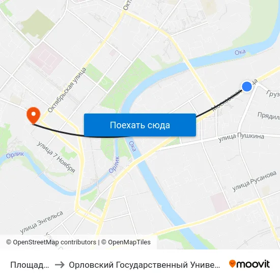 Площадь Юности to Орловский Государственный Университет. Медицинский Институт map