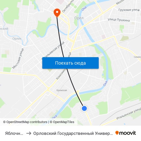Яблочная Улица to Орловский Государственный Университет. Медицинский Институт map