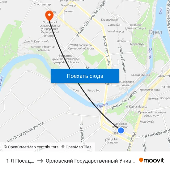 1-Я Посадская Улица to Орловский Государственный Университет. Медицинский Институт map