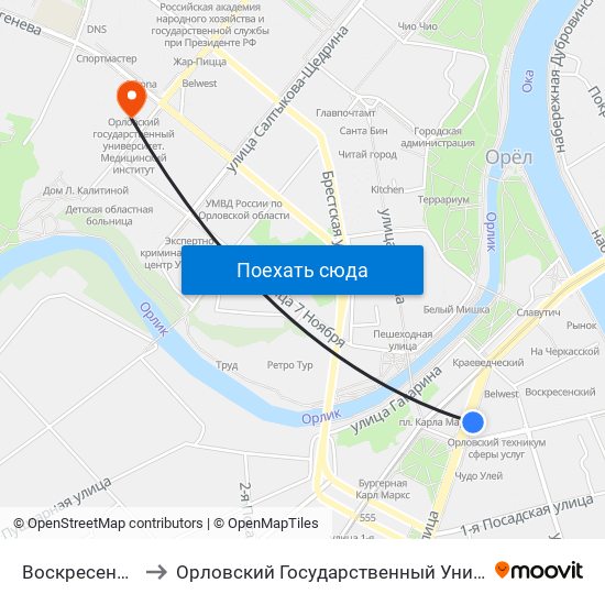 Воскресенская Площадь to Орловский Государственный Университет. Медицинский Институт map