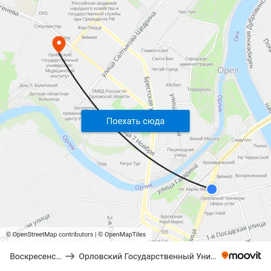 Воскресенская Площадь to Орловский Государственный Университет. Медицинский Институт map