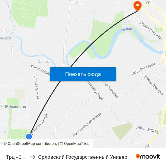 Трц «Европа-2» to Орловский Государственный Университет. Медицинский Институт map