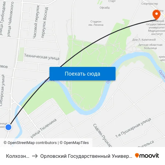 Колхозная Улица to Орловский Государственный Университет. Медицинский Институт map