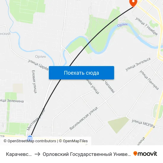 Карачевское Шоссе to Орловский Государственный Университет. Медицинский Институт map