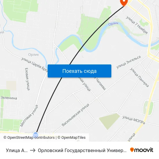 Улица Андреева to Орловский Государственный Университет. Медицинский Институт map