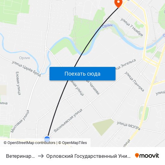 Ветеринарная Клиника to Орловский Государственный Университет. Медицинский Институт map