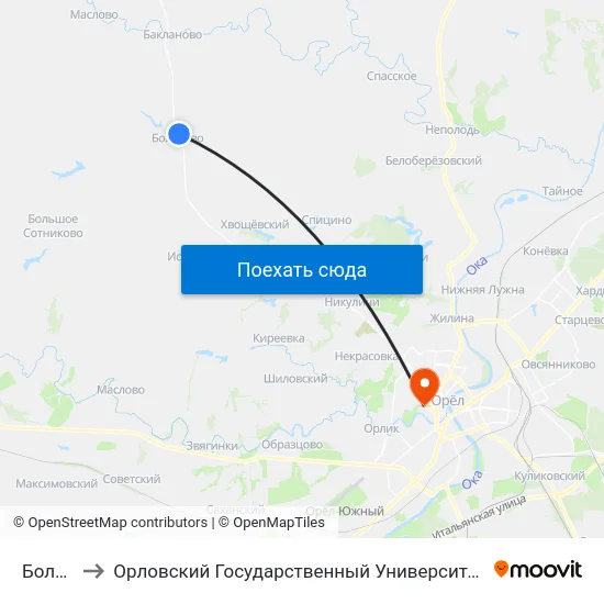 Болотово to Орловский Государственный Университет. Медицинский Институт map