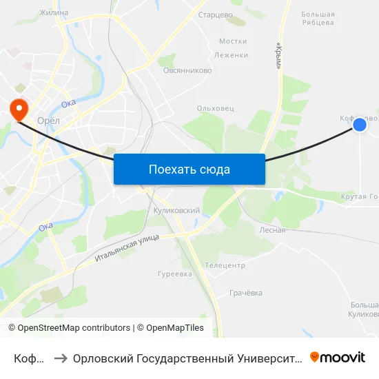 Кофаново to Орловский Государственный Университет. Медицинский Институт map