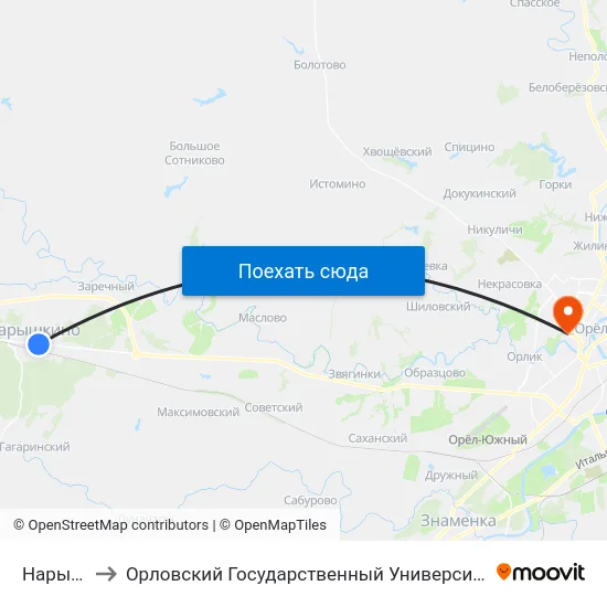 Нарышкино to Орловский Государственный Университет. Медицинский Институт map