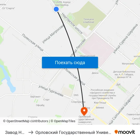 Завод Научприбор to Орловский Государственный Университет. Медицинский Институт map