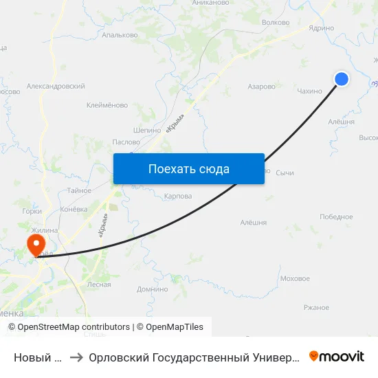 Новый Посёлок to Орловский Государственный Университет. Медицинский Институт map